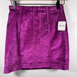 NWT!! Free People Velvet Mini Skirt Raspberry Pink $60‎ Zip Back  | Size 0